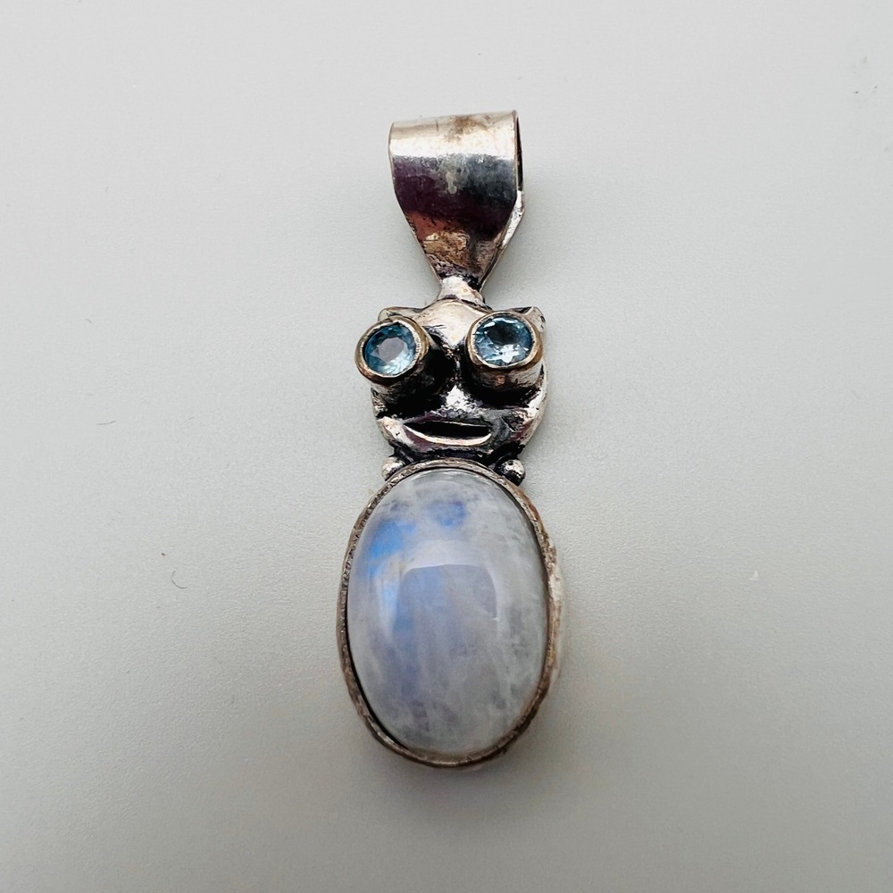 Moonstone Blue Topaz Cat Owl Pendant Necklace Artisan Charm Silver Tone